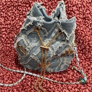 Stylish Distressed Mini Denim Bucket Bag with Gold Accents